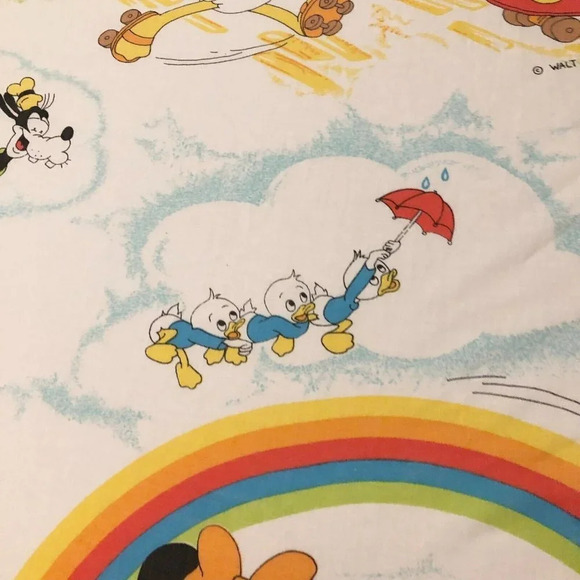 Vtg 1980 Walt Disney Twin Flat Sheet  Esmond Mickey and Friends Rollerskating - Picture 9 of 16